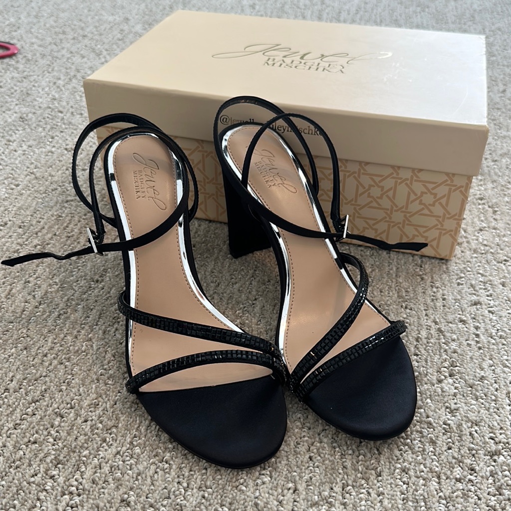 Badgley Mischka Black Satin Jewel Block Heels, Size 8